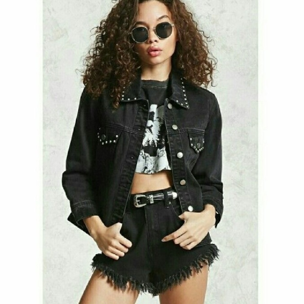 Faded Black Cropped Studded Denim Jacket